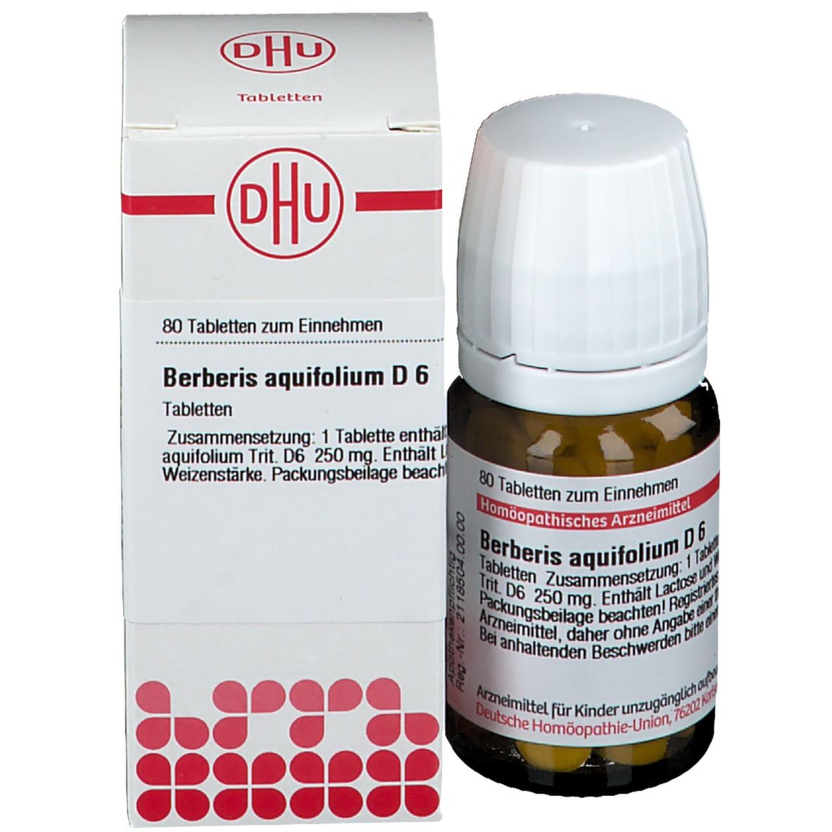 Produktverpackung mit Flasche und Schachtel. Auf der Schachtel: DHU Logo, Berberis aquifolium D6, 80 Tabletten.