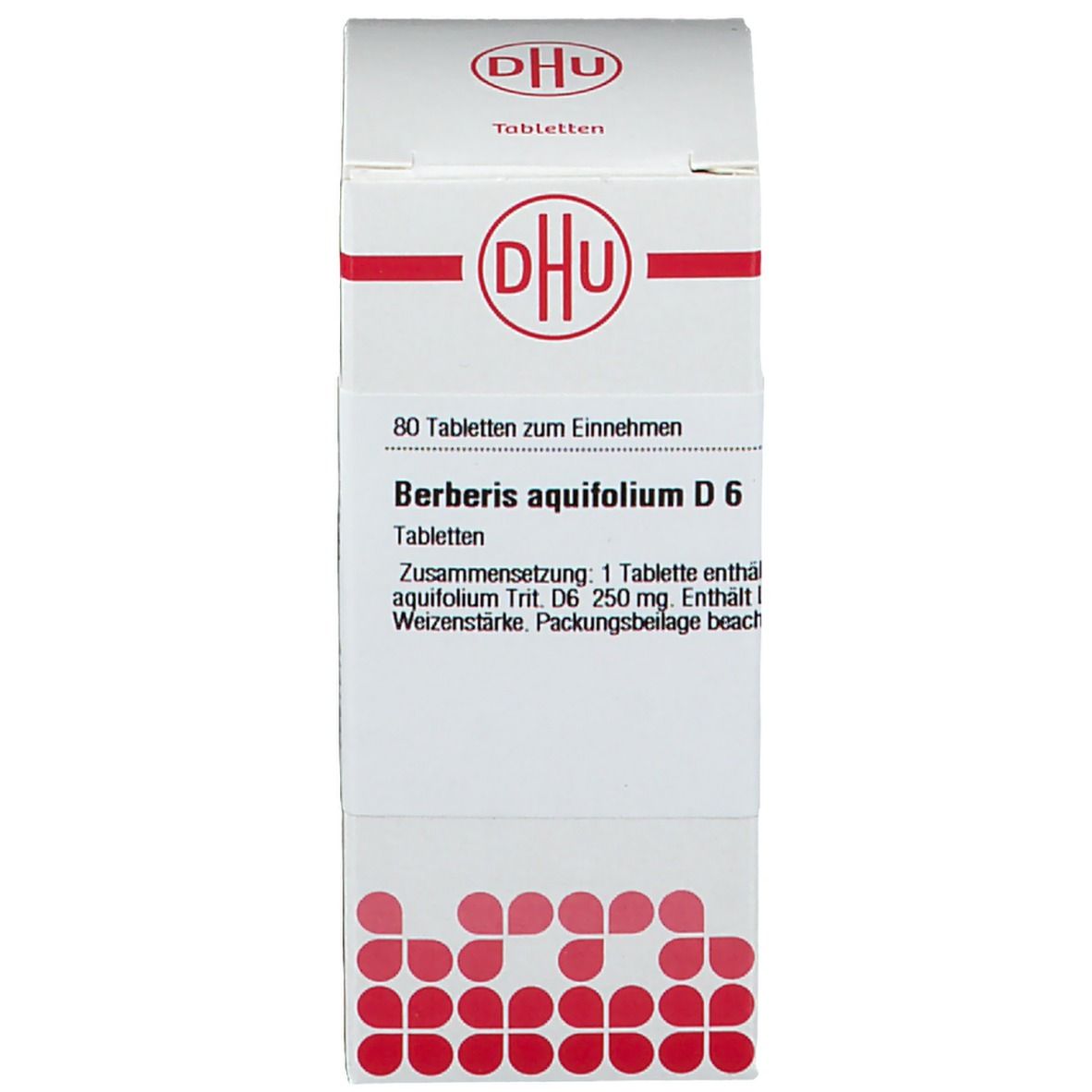 Weiße Produktverpackung mit DHU Logo. Auf der Verpackung: Berberis aquifolium D6, 80 Tabletten.