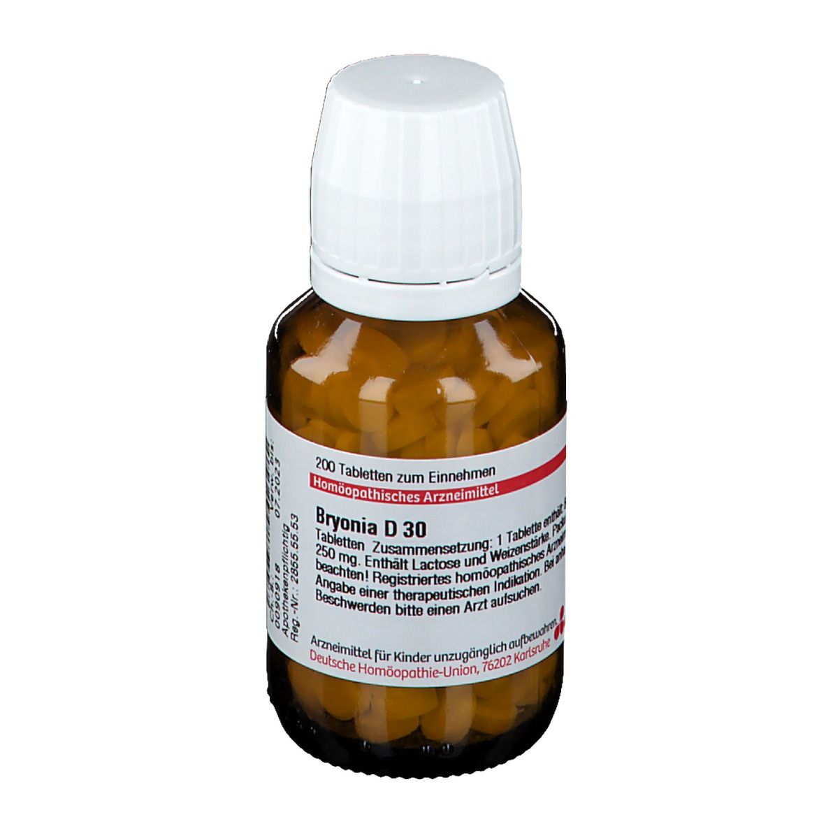 Braune Glasflasche mit weißen Deckel. Enthält Tabletten. Aufschrift: Bryonia D 30, 200 Tabletten. Roter Streifen mit Text.