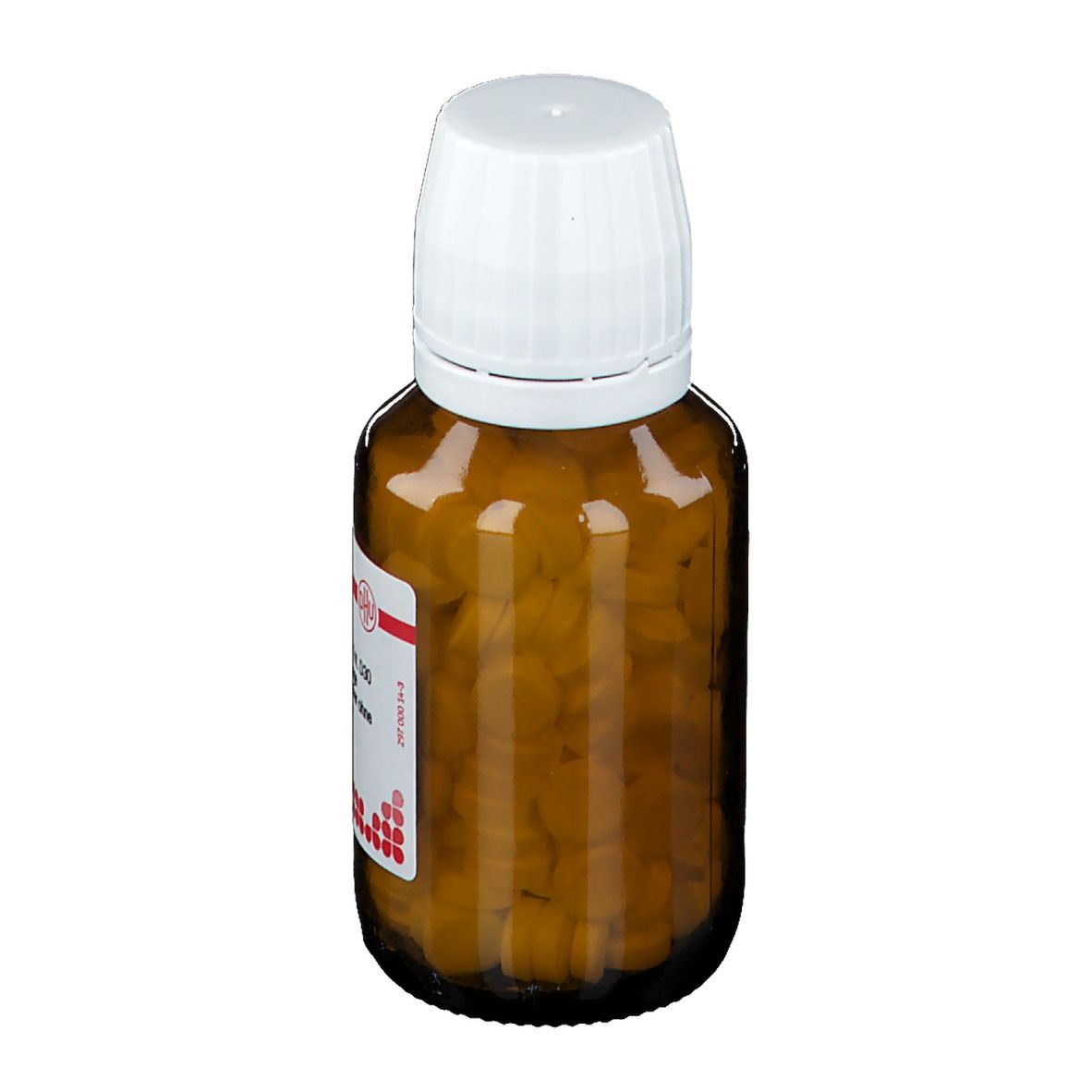 Braune Glasflasche mit weißen Deckel. Enthält Tabletten. Roter Streifen mit Text. Flasche steht aufrecht.
