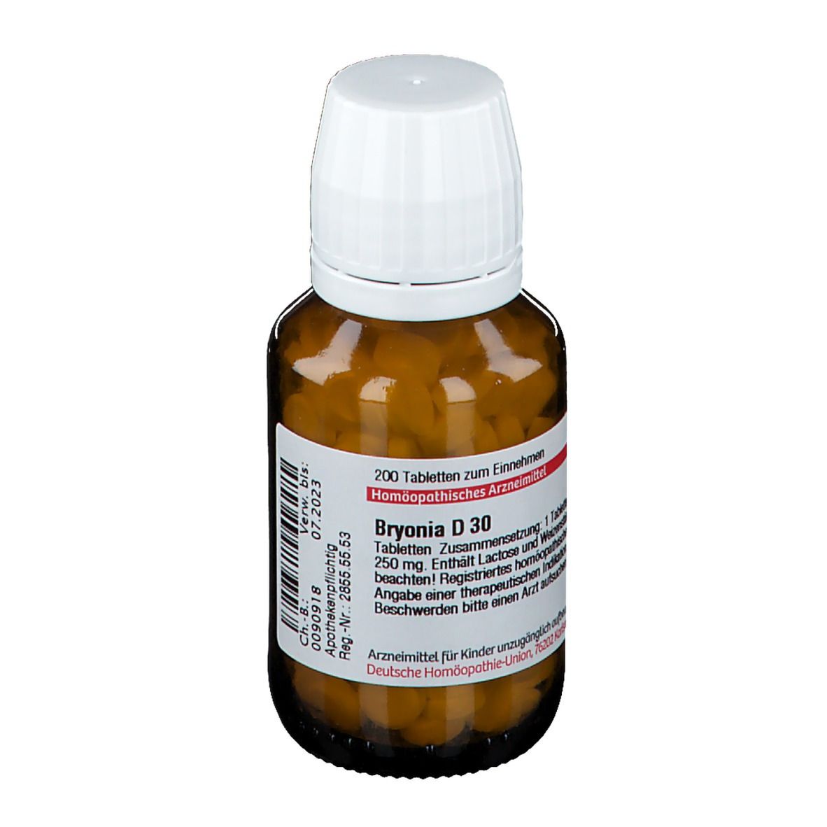 Braune Glasflasche mit weißen Deckel. Enthält Tabletten. Aufschrift: Bryonia D 30, 200 Tabletten. Etikett mit Text.