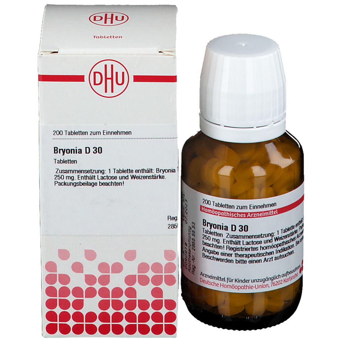 Braune Glasflasche und Schachtel. Aufschrift: DHU, Bryonia D 30, 200 Tabletten. Schachtel mit rotem Streifen.