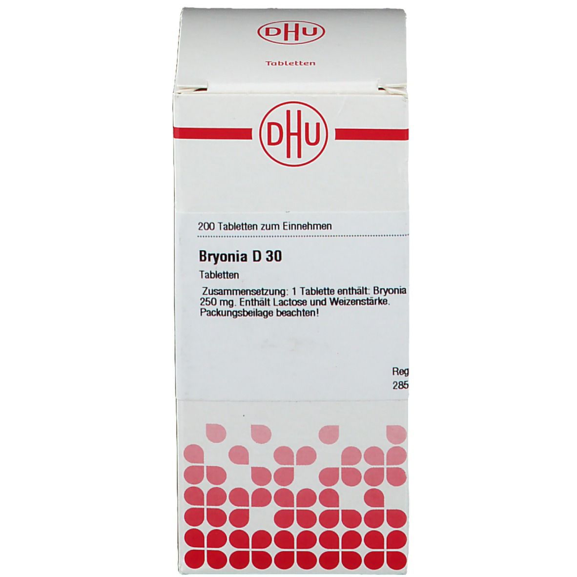 Weiße Schachtel mit rotem Streifen. Aufschrift: DHU, Bryonia D 30, 200 Tabletten. Rotes DHU Logo.