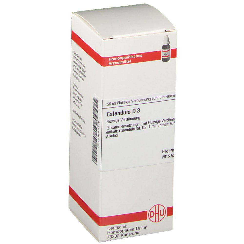 Weiße Faltschachtel mit roter Umrandung. Aufdruck: Calendula D3, DHU-Logo. Enthält eine braune Glasflasche mit Tropfer.