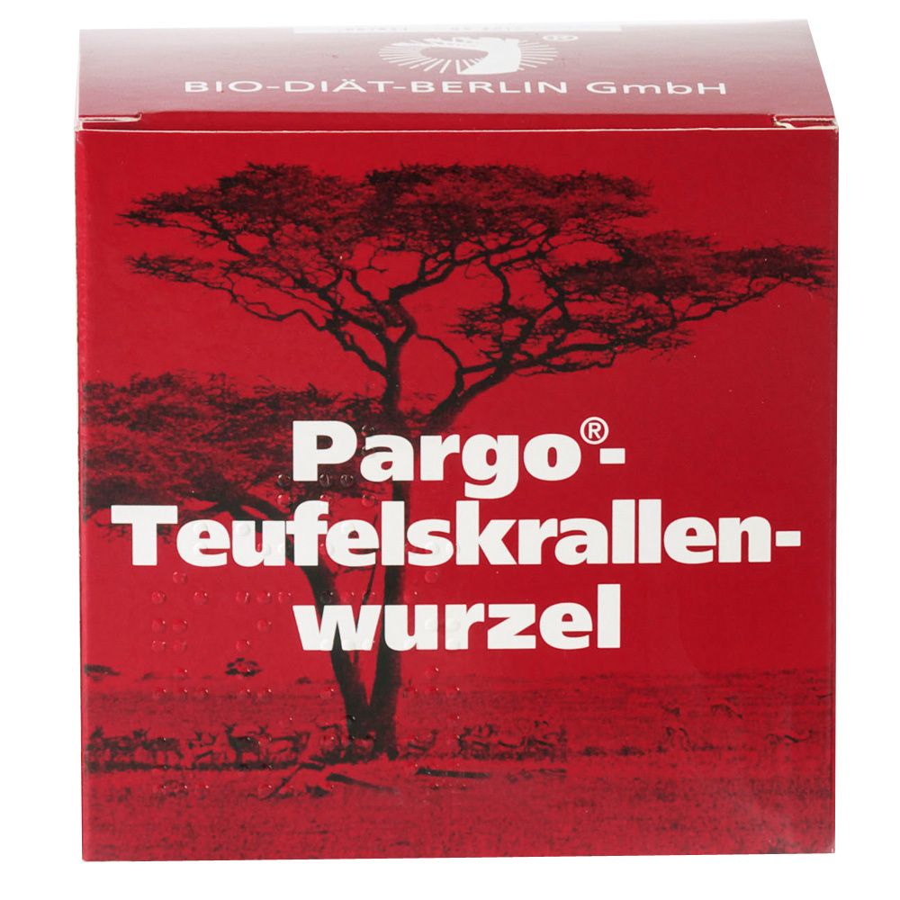 Rote Pappschachtel mit weißem Schriftzug Pargo Teufelskrallenwurzel. Baum- und Savannen-Motiv. Bio-Diät-Berlin GmbH.