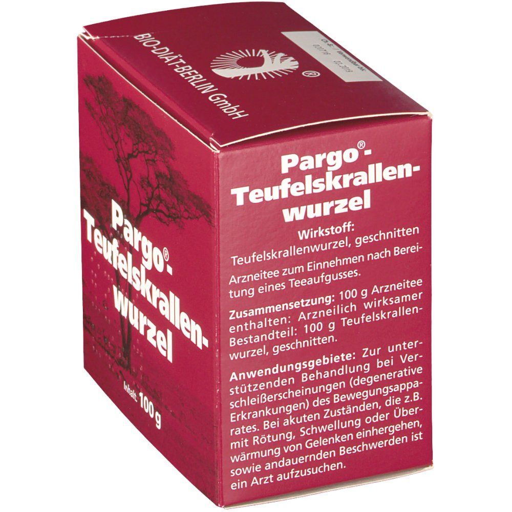 Rote Pappschachtel, seitlich beschriftet mit Pargo Teufelskrallenwurzel. Text: Wirkstoff, Zusammensetzung, Anwendungsgebiete. 100 g.