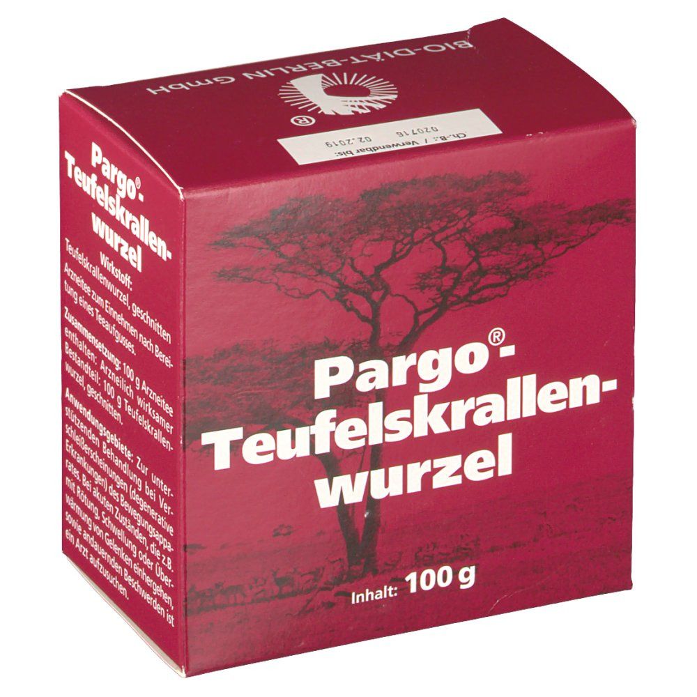 Rote Pappschachtel mit Pargo Teufelskrallenwurzel Schriftzug. Text: Inhalt 100 g. Baum- und Savannen-Motiv. Bio-Diät-Berlin GmbH.