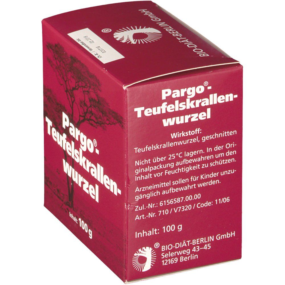 Rote Pappschachtel mit Pargo Teufelskrallenwurzel Schriftzug. Text: Wirkstoff, Inhalt 100 g. Bio-Diät-Berlin GmbH. Zul.-Nr. 6156587.00.
