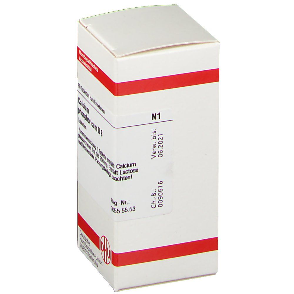 Weiße Schachtel mit roter Umrandung. Aufschrift: Calcium phosphoricum D8. Enthält 80 Tabletten. DHU-Logo.