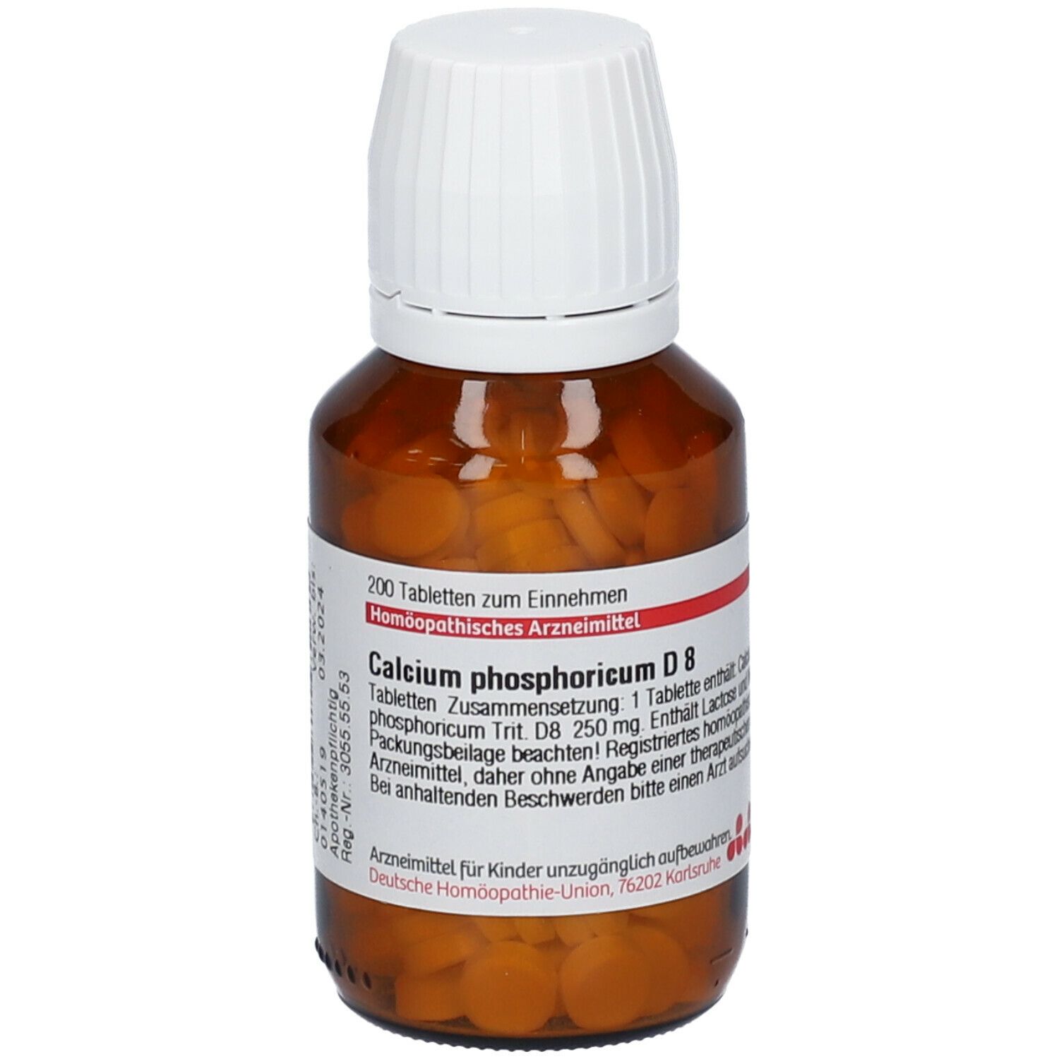 Braune Glasflasche mit weißen Deckel, gefüllt mit Tabletten. Aufschrift: Calcium phosphoricum D8. 200 Tabletten.