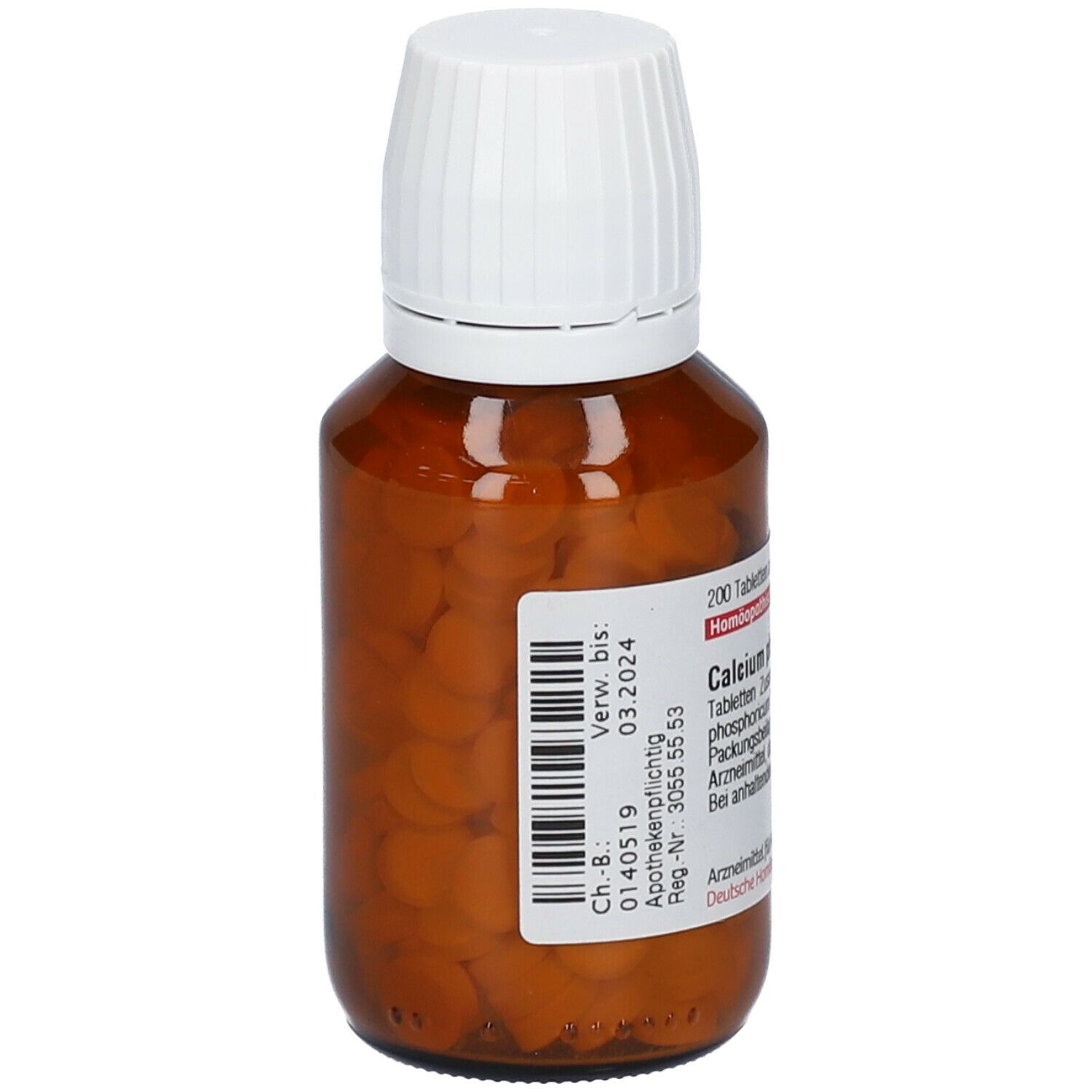 Braune Glasflasche mit weißem Deckel, gefüllt mit Tabletten. Etikett mit Informationen und Barcode.