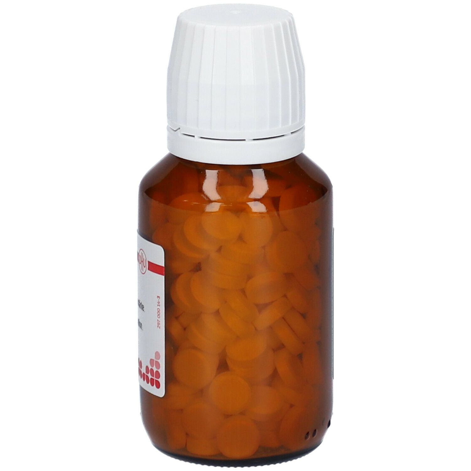 Braune Glasflasche mit weißem Deckel, gefüllt mit Tabletten. Blick von der Seite.