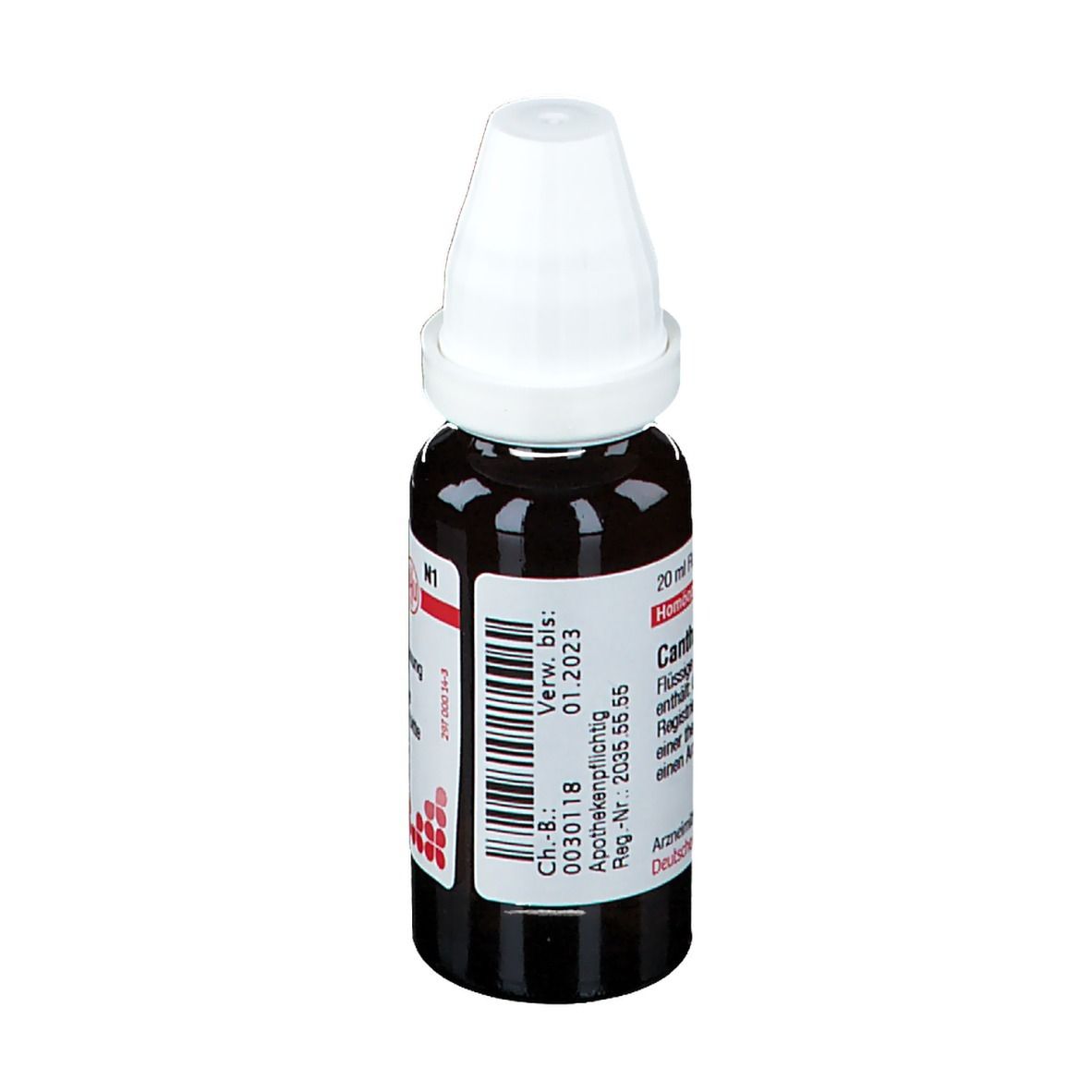 Braune Flüssigkeit in Tropfflasche mit weißem Verschluss. Etikett mit Text und Barcode.