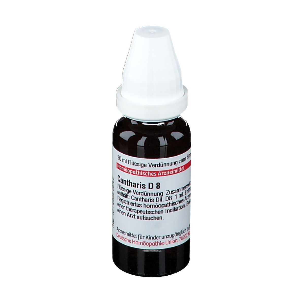 Braune Flüssigkeit in Tropfflasche mit weißem Verschluss. Etikett mit Produktinformationen.