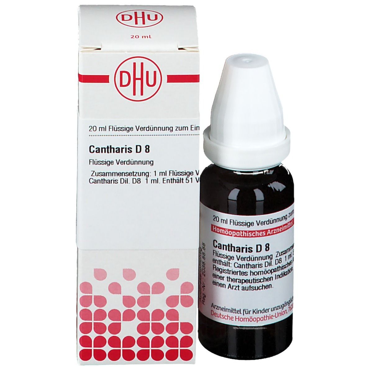 Tropfflasche und Schachtel. Auf der Schachtel steht DHU. Produktname und Informationen.