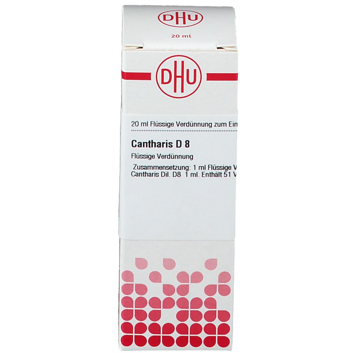 Weiße Schachtel mit DHU-Logo und Produktinformationen. Roter Streifen.