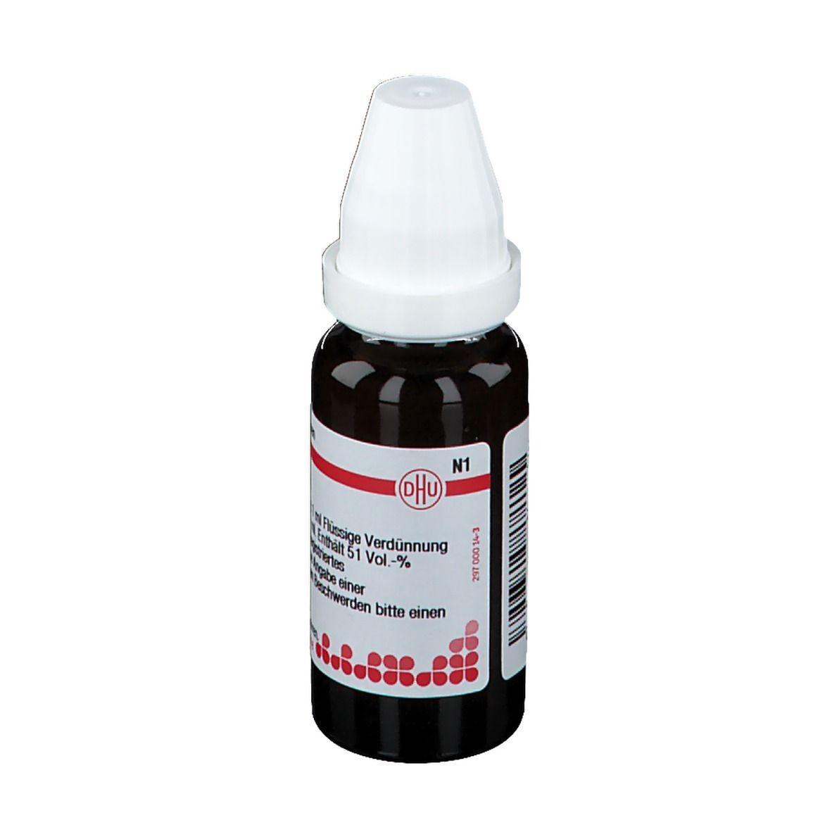 Braune Tropfflasche mit weißem Verschluss. Beschriftung: DHU, N1, homöopathisches Arzneimittel.