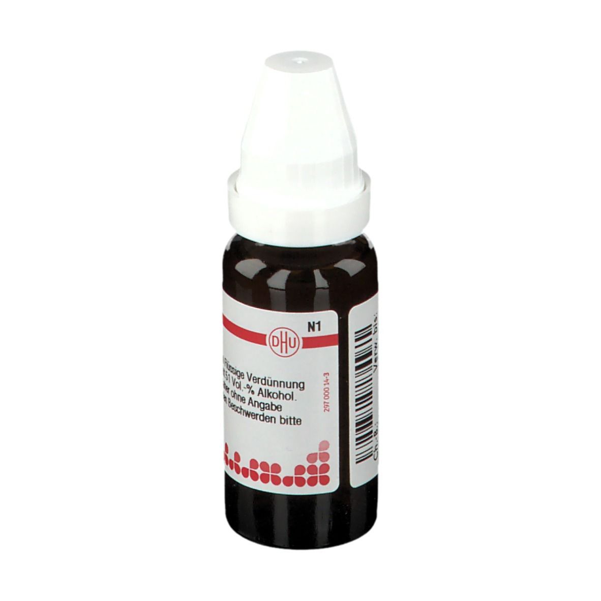 Braune Flüssigkeit in einer Tropfflasche mit weißem Verschluss. Etikett mit Produktinformationen.