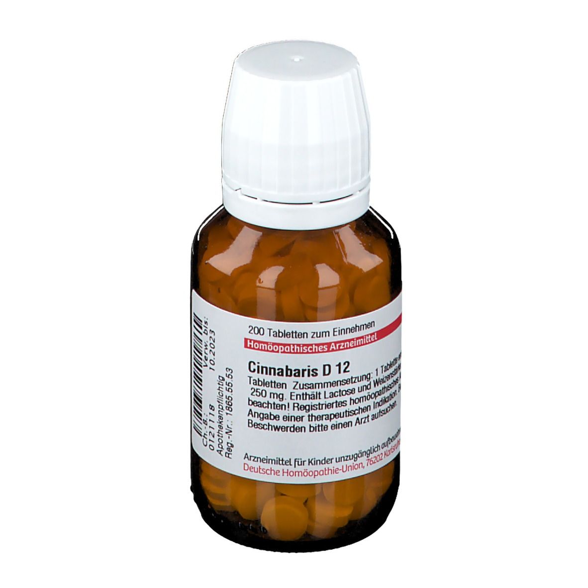 Braune Glasflasche mit weißen Deckel. Enthält Tabletten. Beschriftung: Cinnabaris D 12, 200 Tabletten. Apothekenpflichtig.