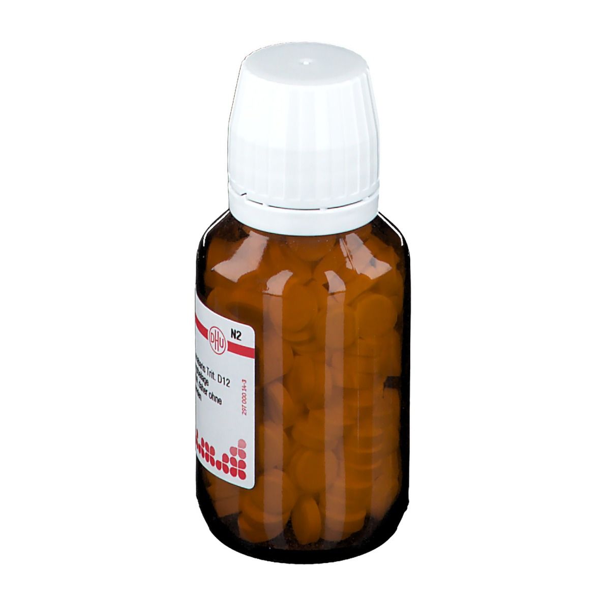 Braune Glasflasche mit weißen Deckel. Enthält Tabletten. Beschriftung: Cinnabaris D 12. Apothekenpflichtig. DHU Logo.