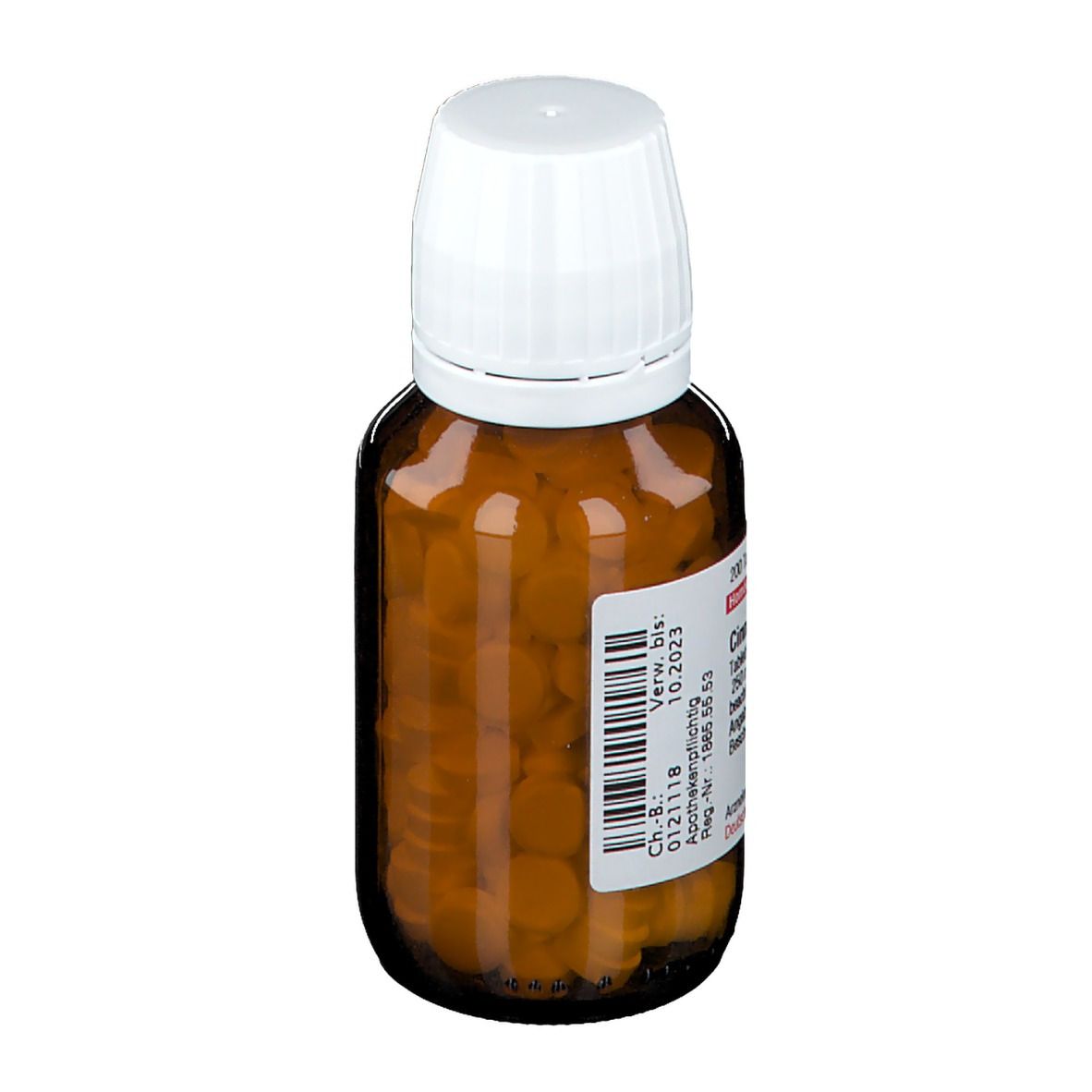Braune Glasflasche mit weißen Deckel. Enthält Tabletten. Beschriftung: Cinnabaris D 12. Apothekenpflichtig.