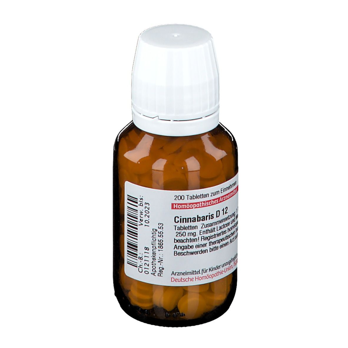 Braune Glasflasche mit weißen Deckel. Enthält Tabletten. Beschriftung: Cinnabaris D 12, 200 Tabletten. Apothekenpflichtig.