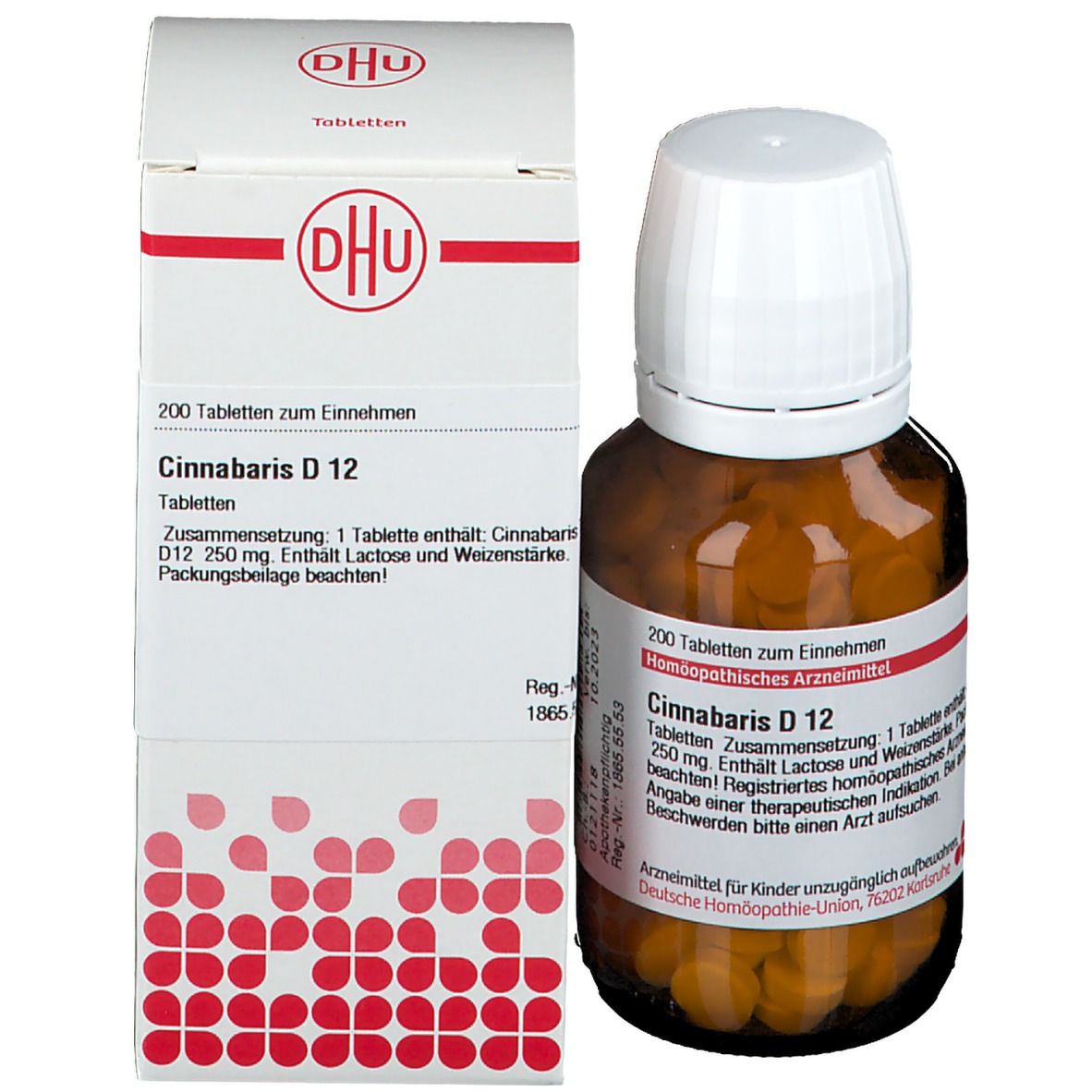 Produktverpackung und Flasche. Weiße Schachtel und braune Flasche mit Tabletten. Beschriftung: DHU, Cinnabaris D 12, 200 Tabletten.