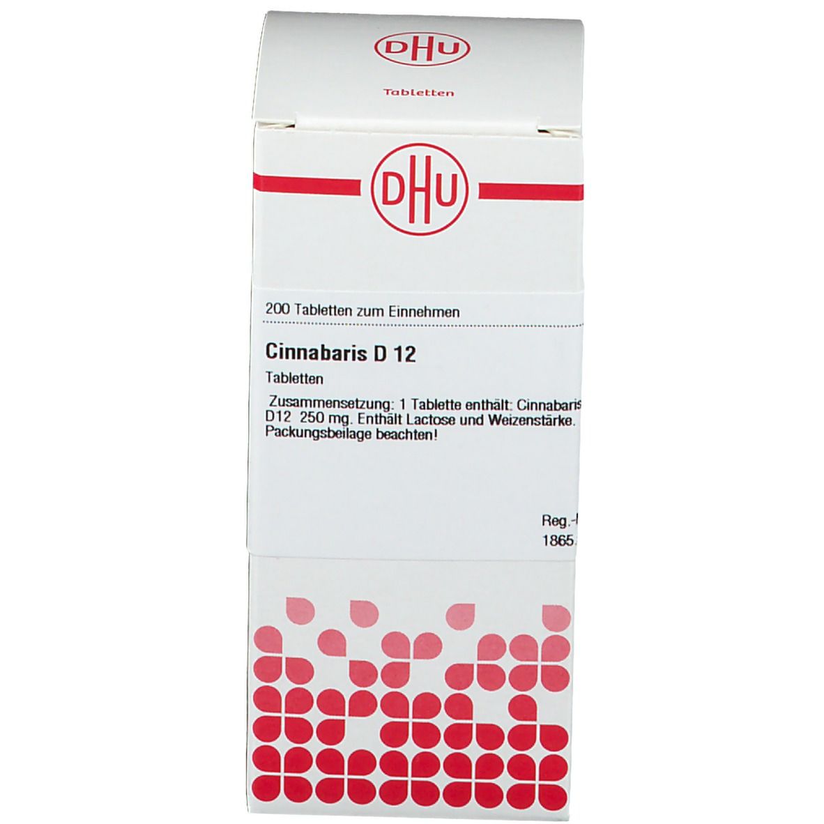 Weiße Produktverpackung. Beschriftung: DHU, Cinnabaris D 12, 200 Tabletten. Rote Punkte.