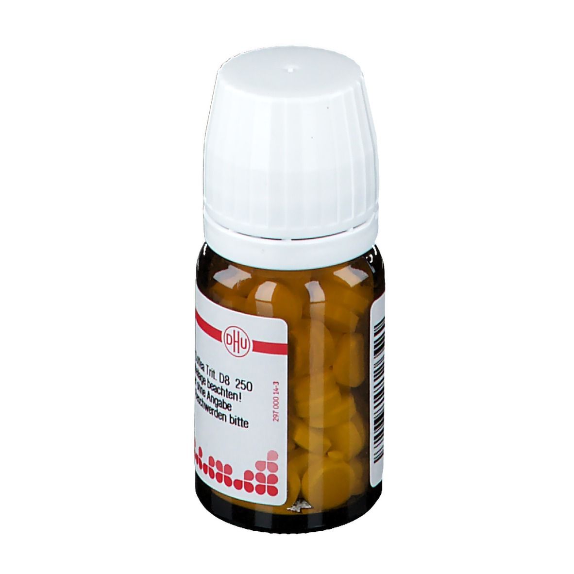 Braune Glasflasche mit weißem Deckel, gefüllt mit gelben Tabletten. Etikett sichtbar.