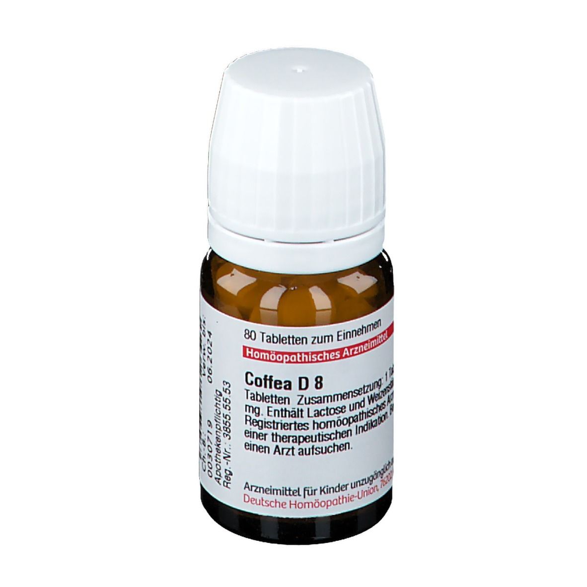 Braune Glasflasche mit weißem Deckel. Etikett mit Text: Coffea D 8, 80 Tabletten. Apotheken-Prüfzeichen.