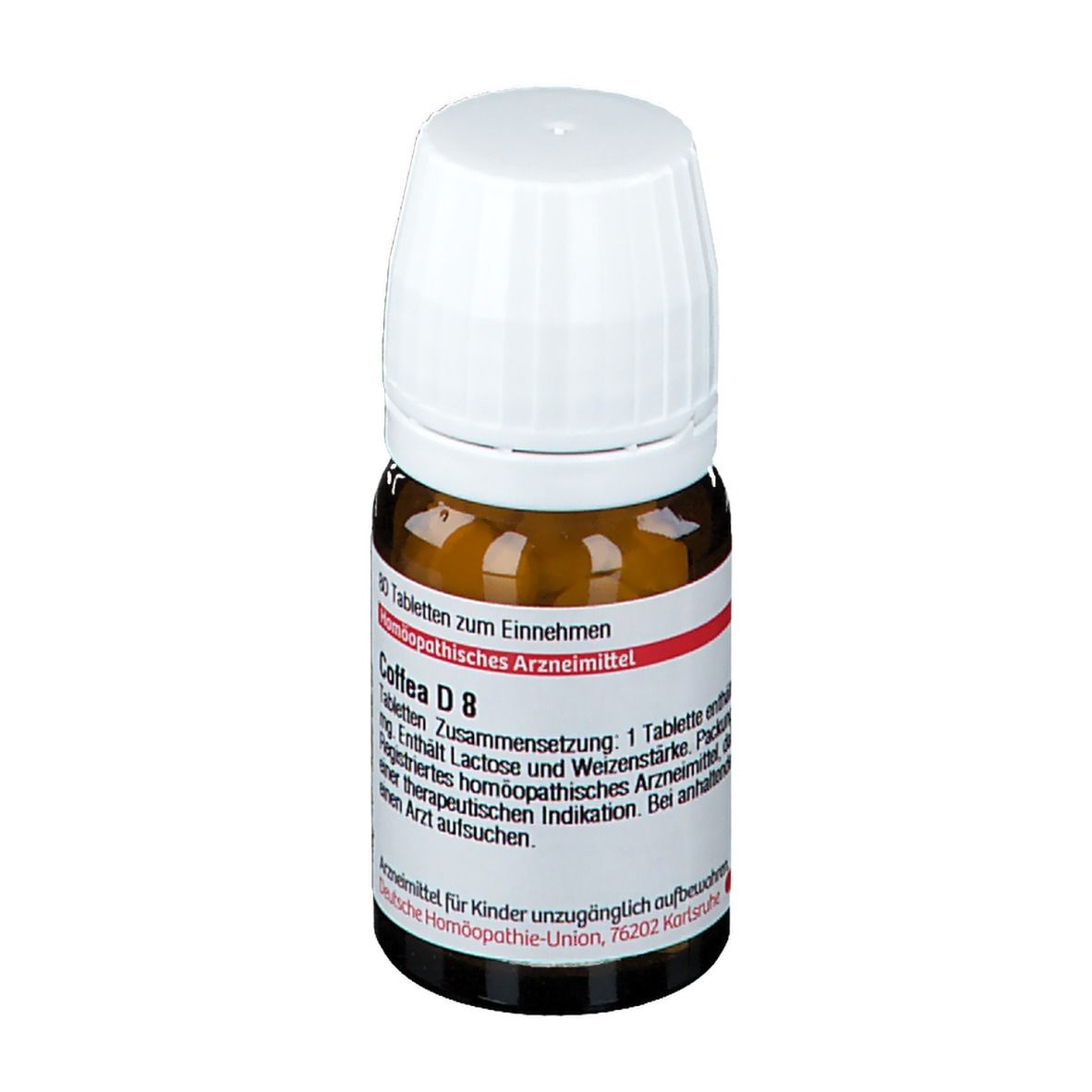 Braune Glasflasche mit weißem Deckel. Etikett mit Text: Coffea D 8, 80 Tabletten. Apotheken-Prüfzeichen.