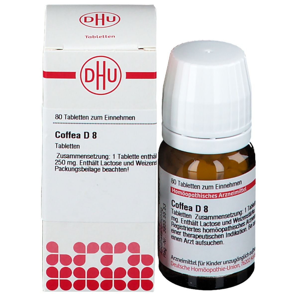 Produktverpackung und Flasche. Weiße Schachtel mit DHU-Logo und Flasche mit Coffea D 8 Tabletten.