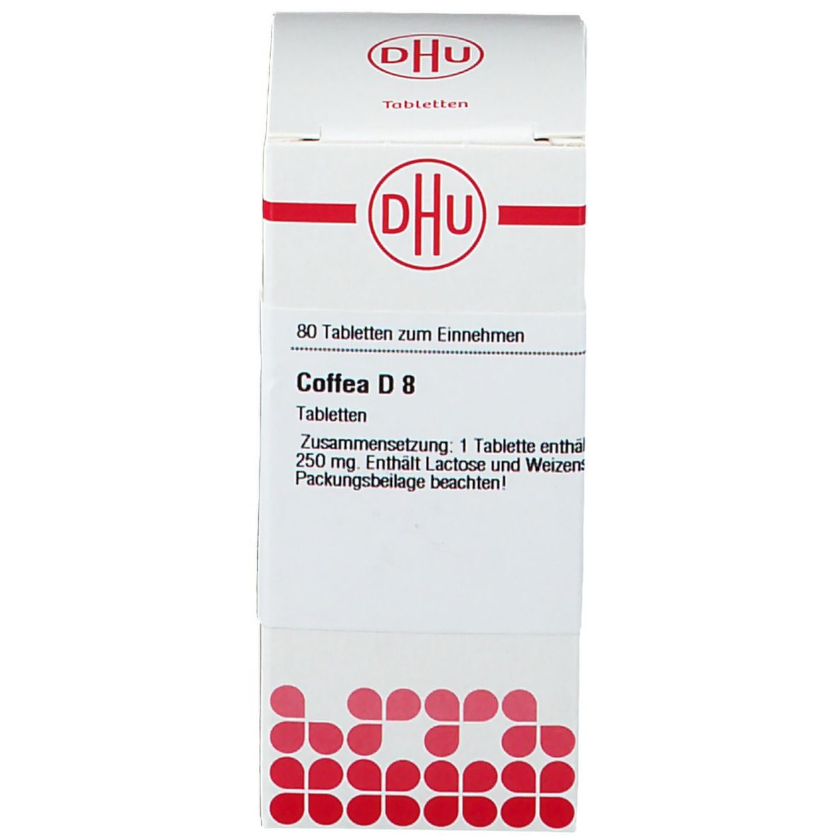 Weiße Schachtel mit DHU-Logo und Text: Coffea D 8, 80 Tabletten. Produktinformationen.
