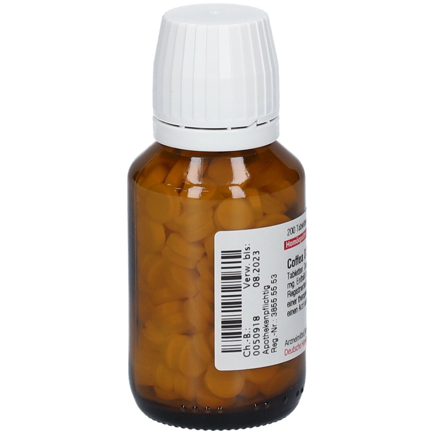 Braune Glasflasche mit weißen Deckel, gefüllt mit Tabletten. Etikett mit Barcode und Text: Coffea D 3. Verwendbar bis 08.2023.