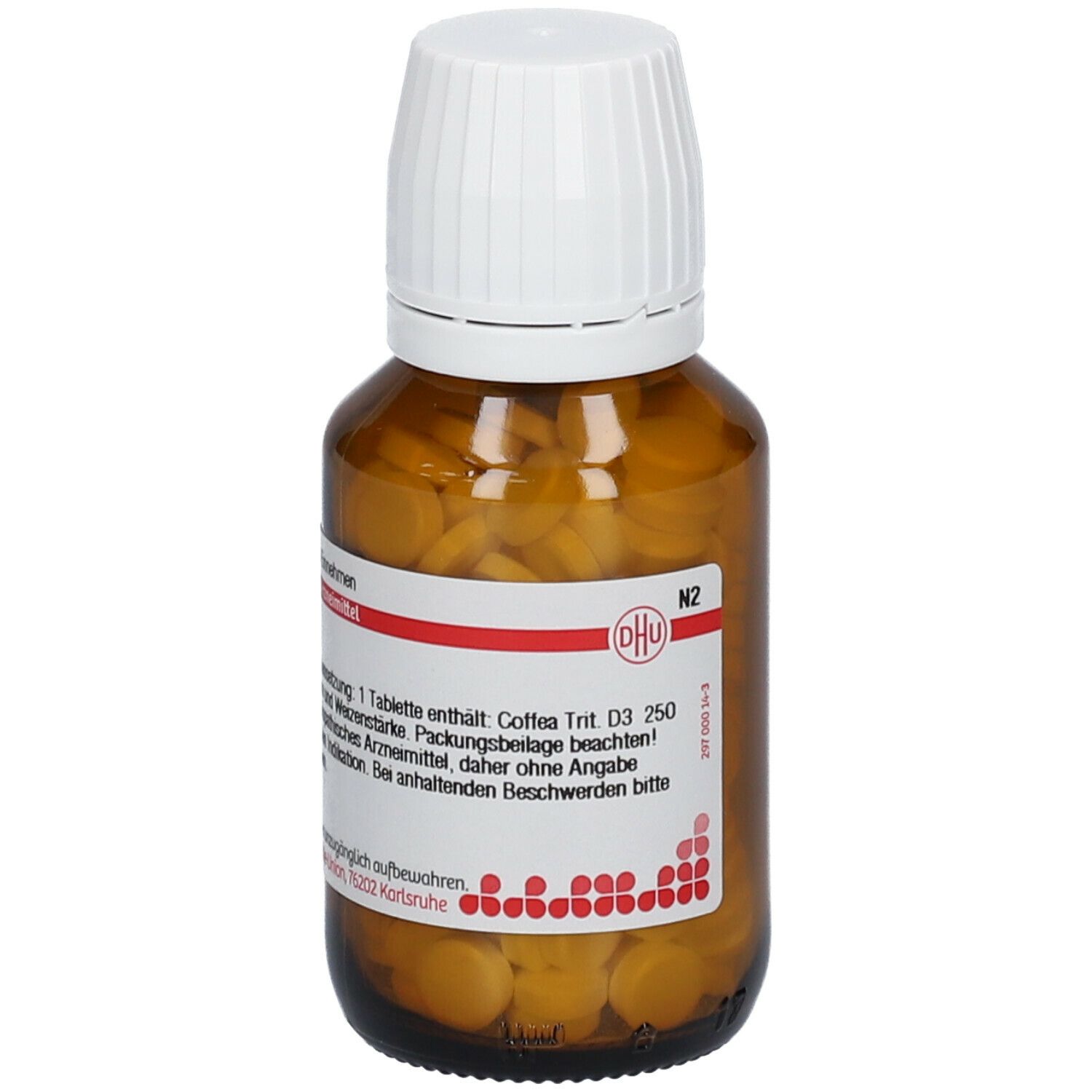 Braune Glasflasche mit weißen Deckel, gefüllt mit Tabletten. Etikett mit Text: Coffea Trit. D3. Homöopathisches Arzneimittel.