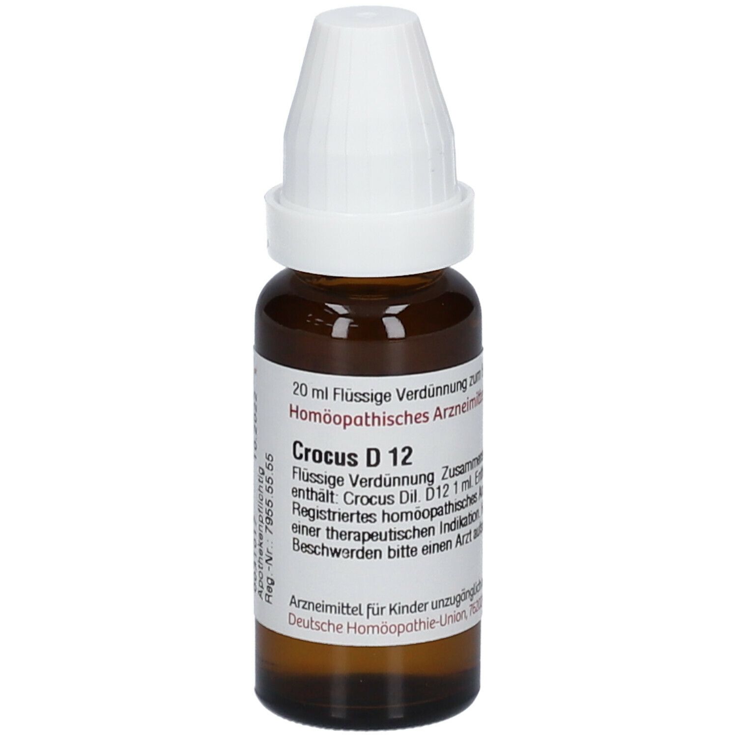 Braune Glasflasche mit weißem Verschluss. Etikett mit Produktbezeichnung: Crocus D 12. Homöopathisches Arzneimittel.