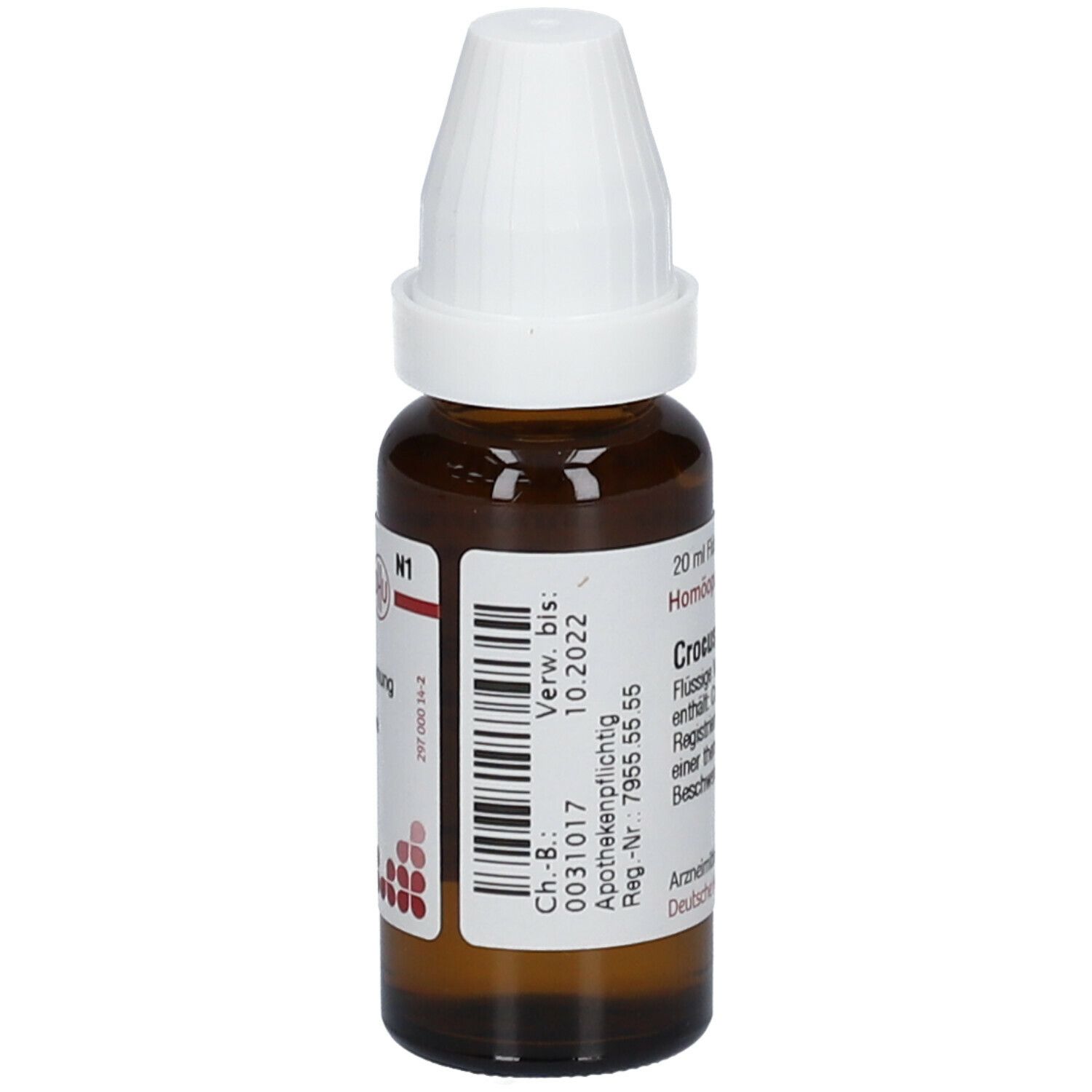Braune Glasflasche mit weißem Verschluss. Etikett mit Produktbezeichnung: Crocus D 12. Apothekenpflichtig. Barcode.