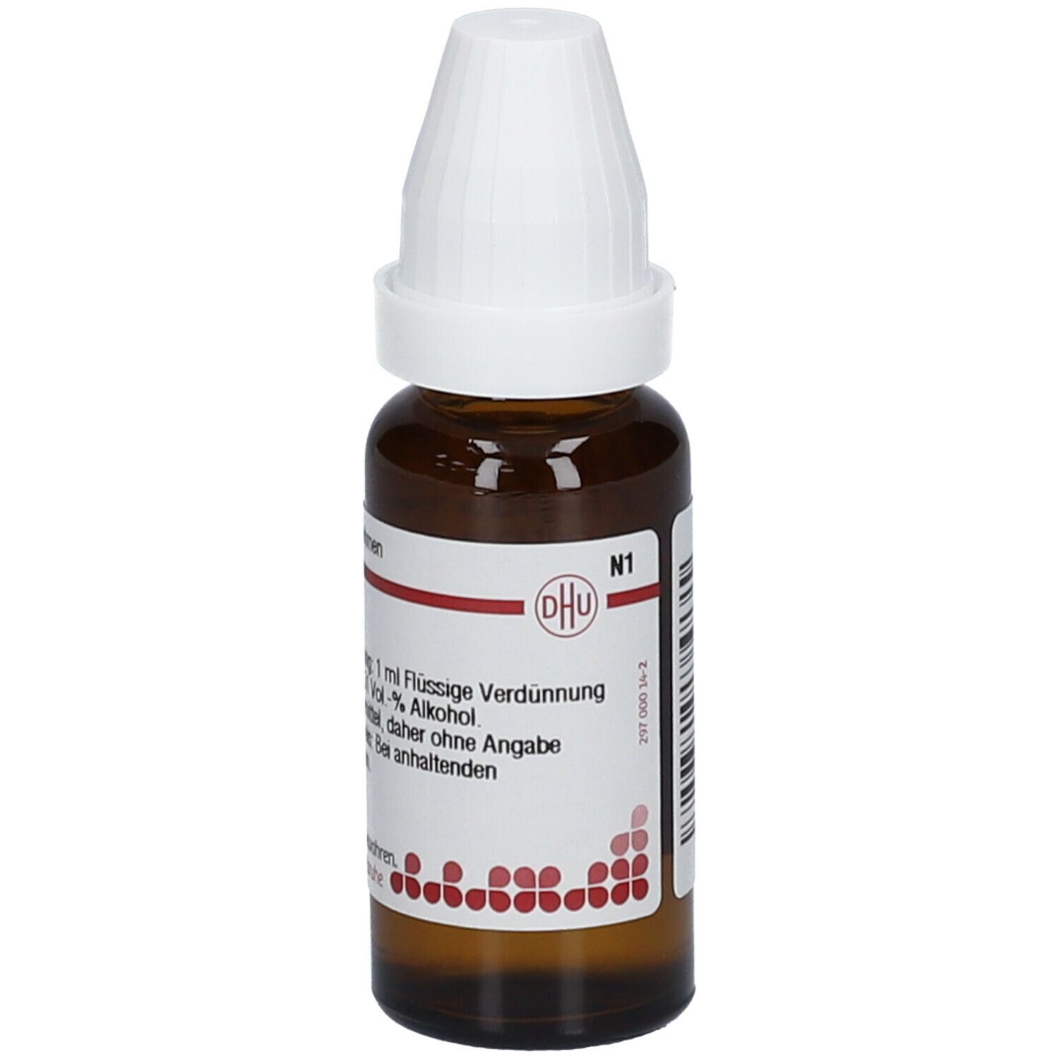 Braune Glasflasche mit weißem Verschluss. Etikett mit DHU Logo. Flüssige Verdünnung. Homöopathisches Arzneimittel.