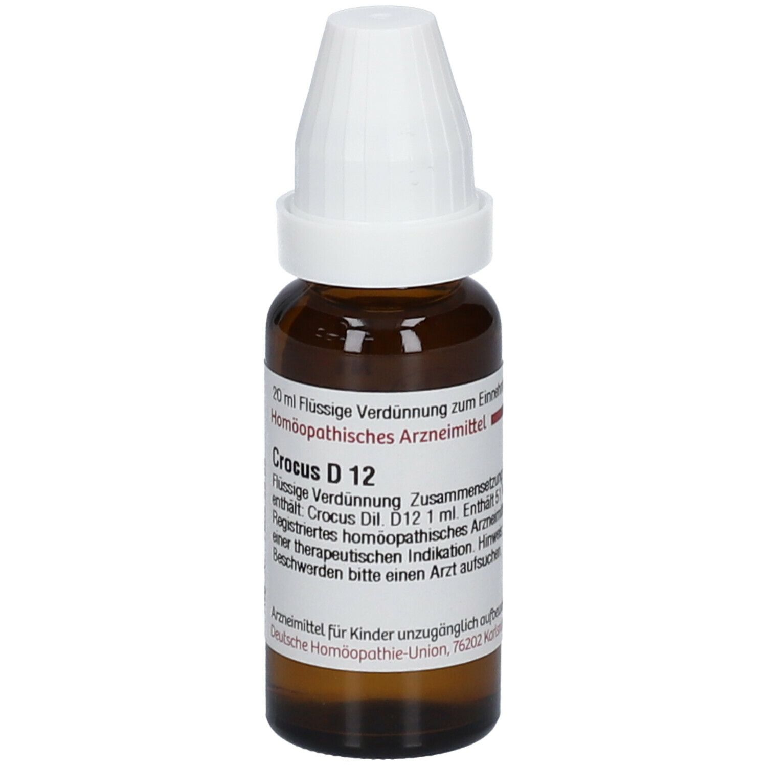 Braune Glasflasche mit weißem Verschluss. Etikett mit Produktbezeichnung: Crocus D 12. Homöopathisches Arzneimittel.