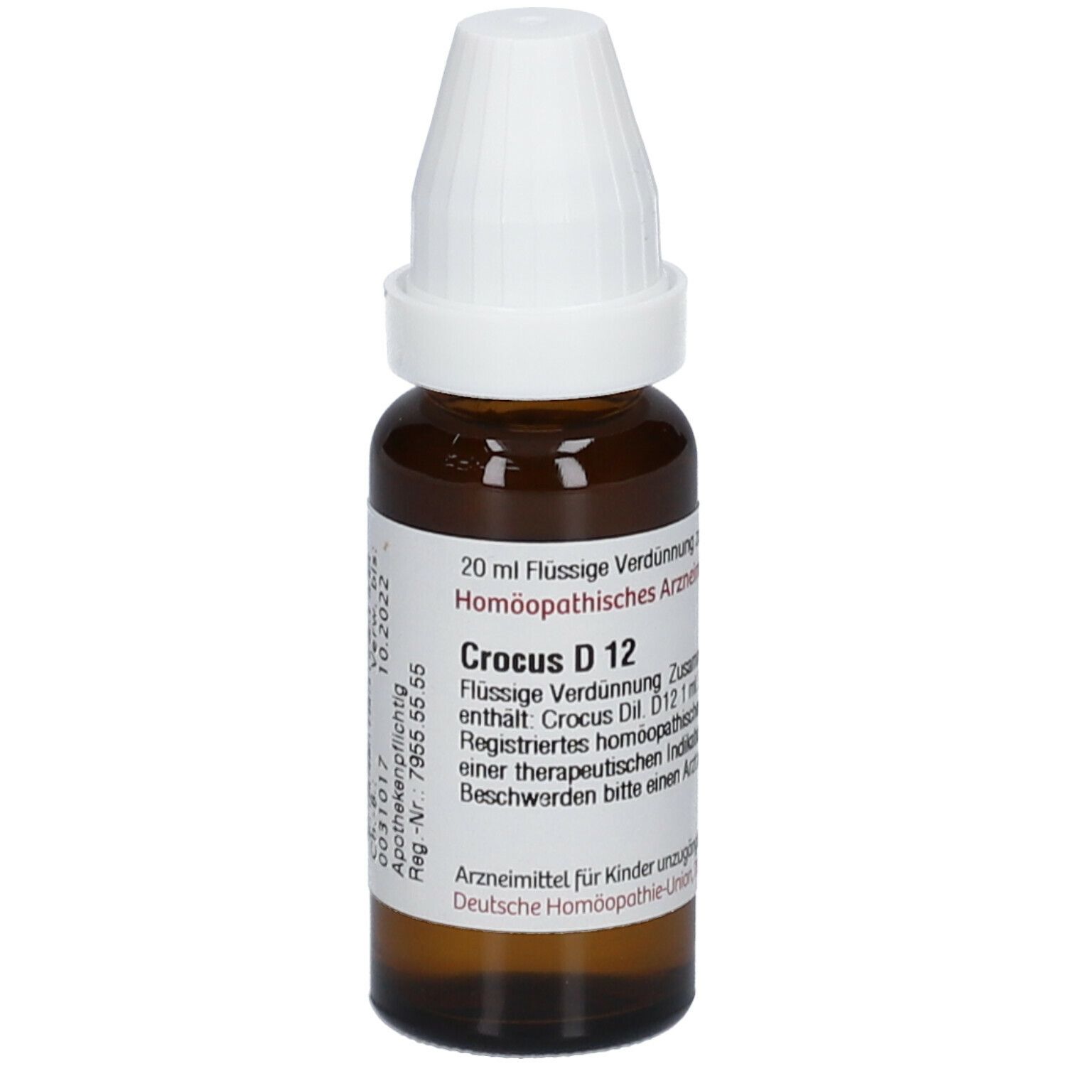 Braune Glasflasche mit weißem Verschluss. Etikett mit Produktbezeichnung: Crocus D 12. Homöopathisches Arzneimittel.
