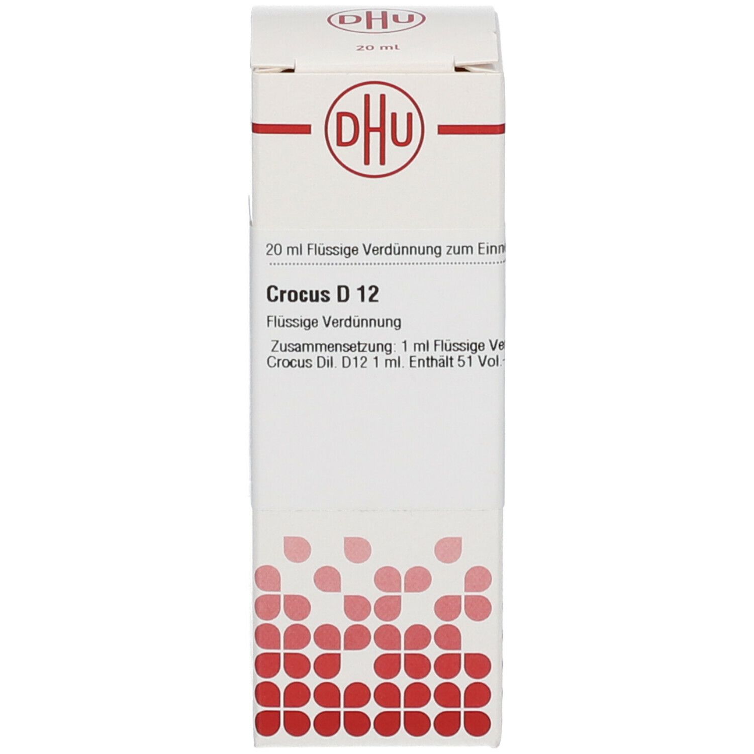 Weiße Produktverpackung mit DHU Logo. Produktbezeichnung: Crocus D 12. Homöopathisches Arzneimittel. Flasche sichtbar.