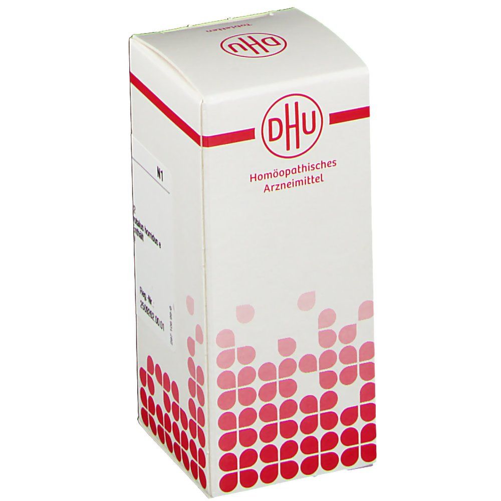 Weiße Tablettenbox mit roter Grafik und DHU-Logo. Aufschrift: Homöopathisches Arzneimittel. Rote Punkte als Designelement.