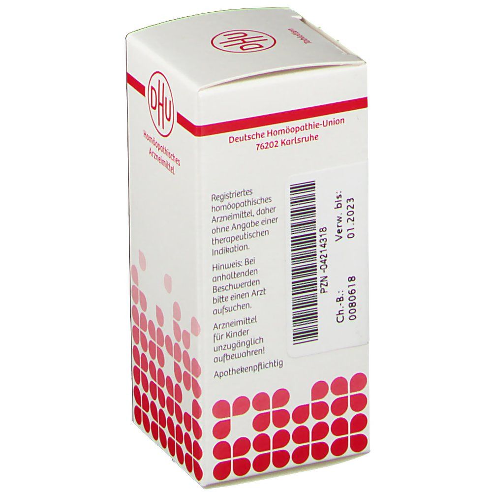 Weiße Tablettenbox mit roter Grafik und DHU-Logo. Rückseite mit Text und Barcode. Verfallsdatum: 01.2023.