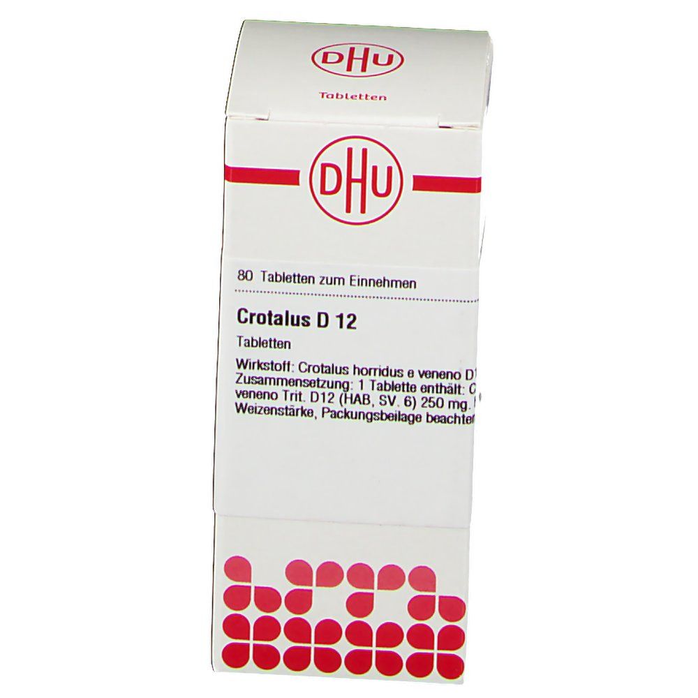 Weiße Tablettenbox mit roter Schrift und DHU-Logo. Aufschrift: Crotalus D 12, 80 Tabletten. Enthält Crotalus horridus e veneno D12.