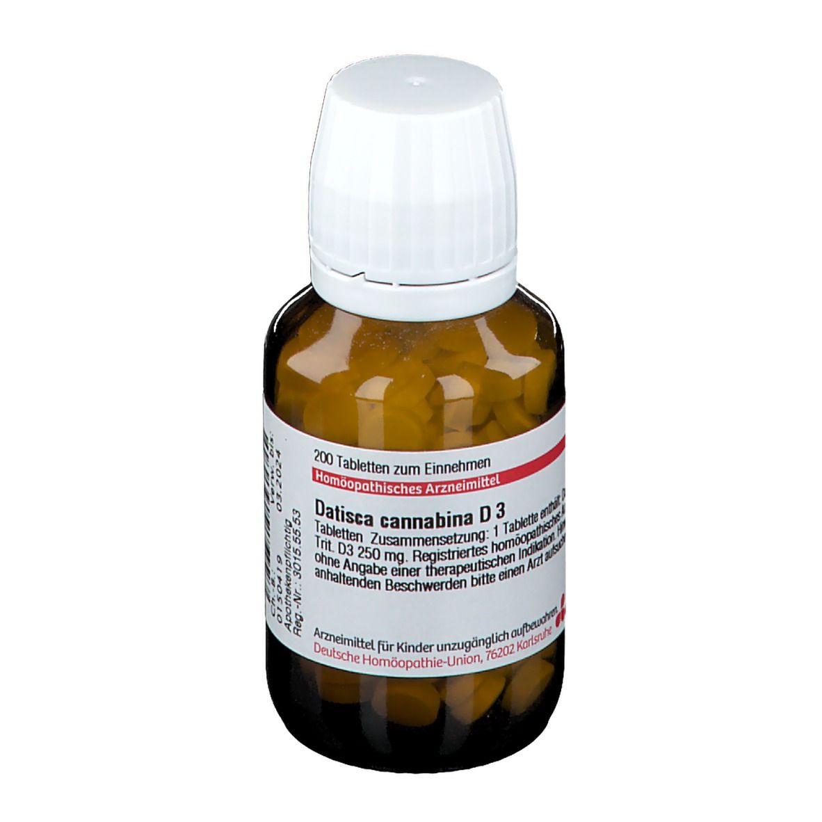 Braune Glasflasche mit weißen Deckel. Etikett mit Produktinformationen. Enthält Tabletten.
