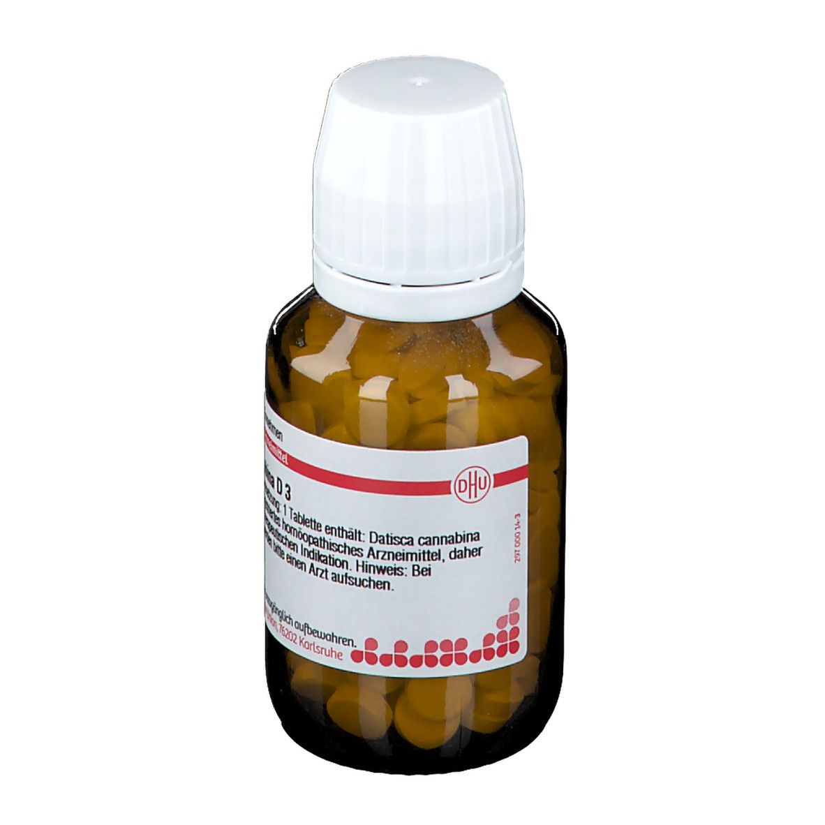 Braune Glasflasche mit weißen Deckel. Etikett mit Produktinformationen. Enthält Tabletten.
