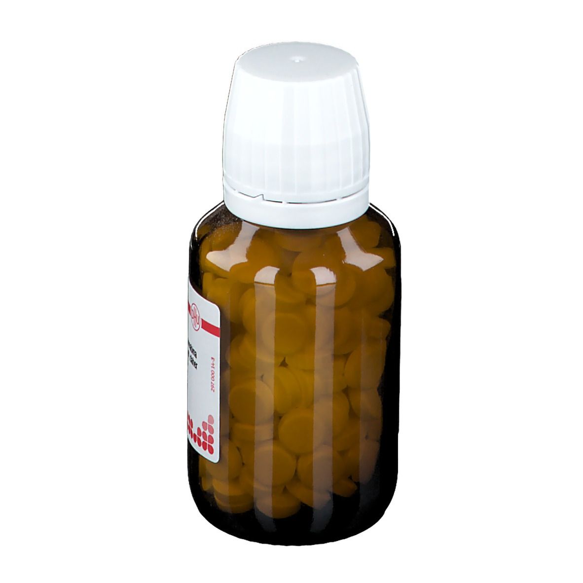 Braune Glasflasche mit weißen Deckel. Enthält Tabletten. Blick von oben.