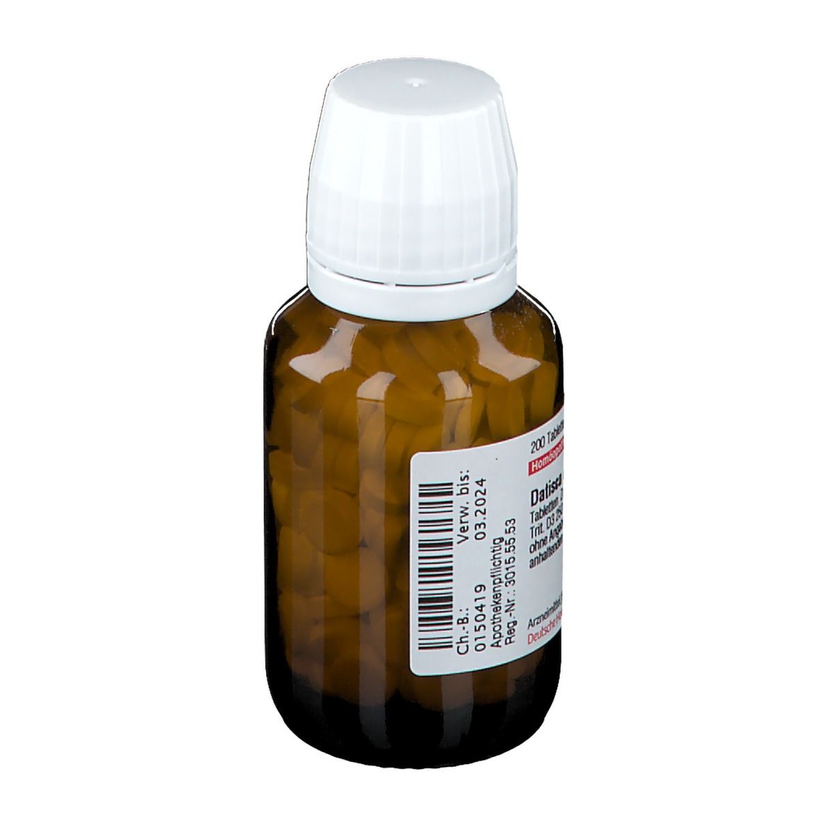 Braune Glasflasche mit weißen Deckel. Etikett mit Produktinformationen. Enthält Tabletten.