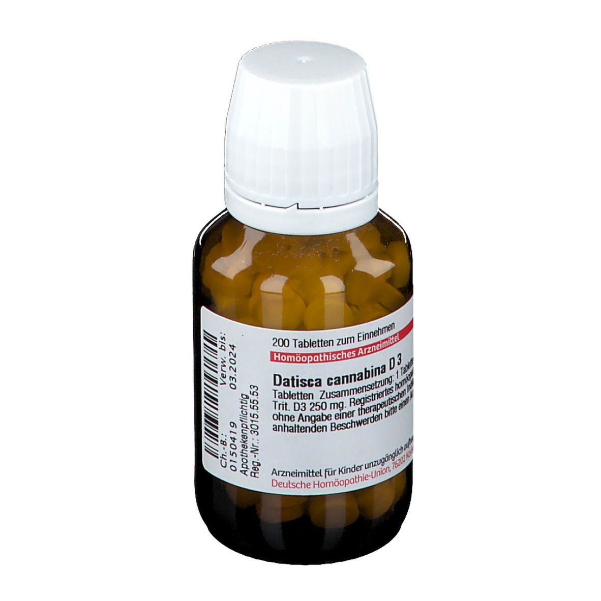 Braune Glasflasche mit weißen Deckel. Etikett mit Produktinformationen. Enthält Tabletten.