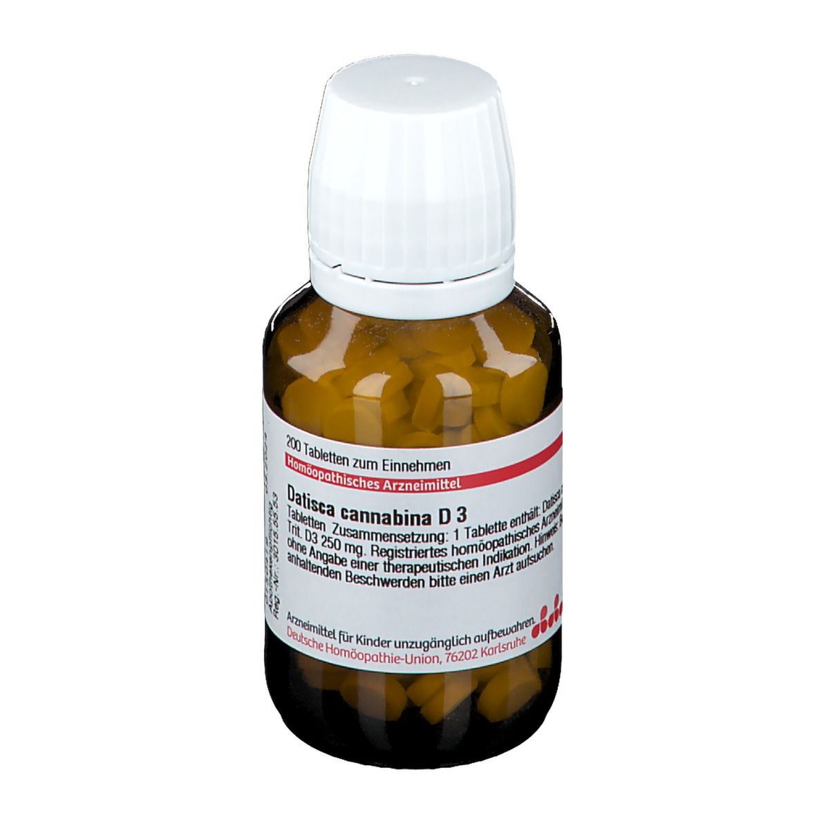Braune Glasflasche mit weißen Deckel. Etikett mit Produktinformationen. Enthält Tabletten.